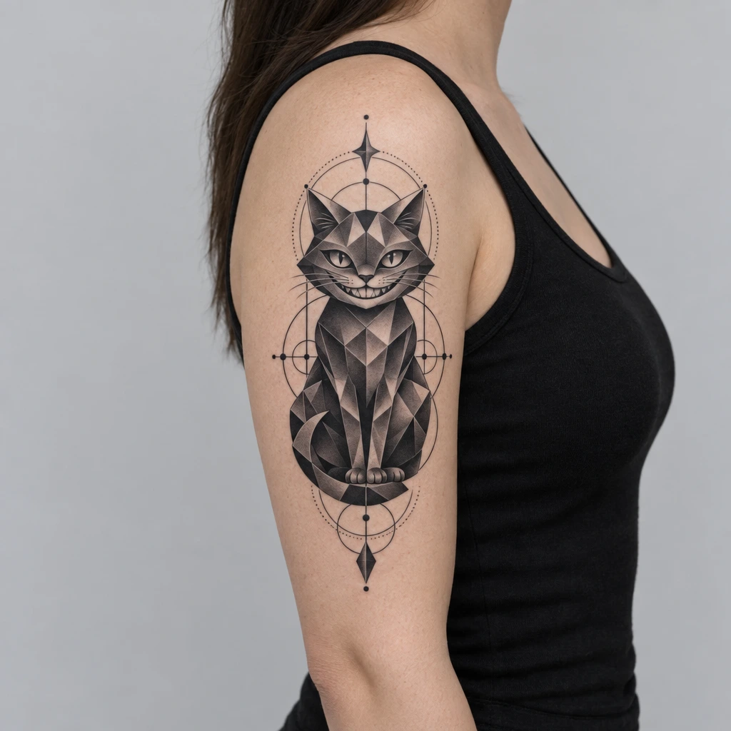 Grinning cat tattoo in Black & Grey and Geometric style on an upper arm, generated by AI Tattoos.