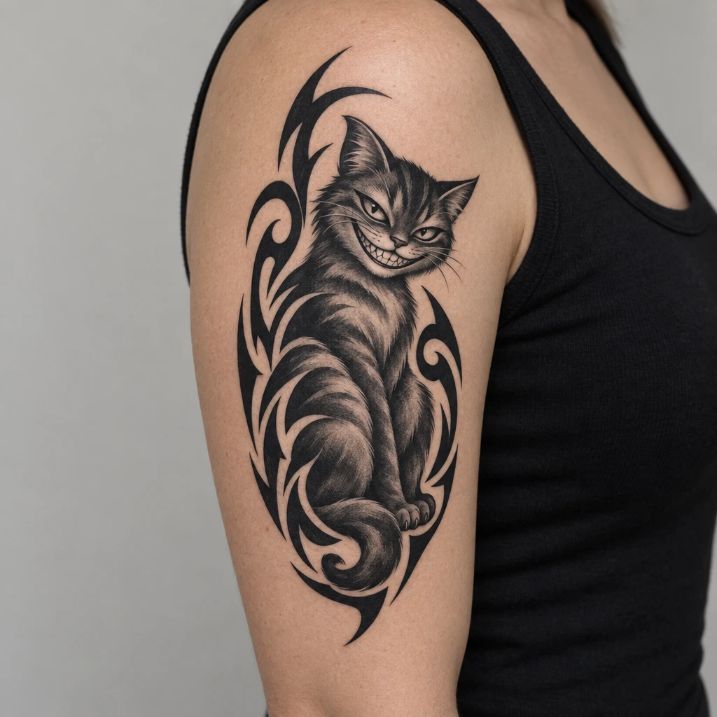 Grinning cat tattoo in Black & Grey and Tribal style on an upper arm, generated by AI Tattoos.