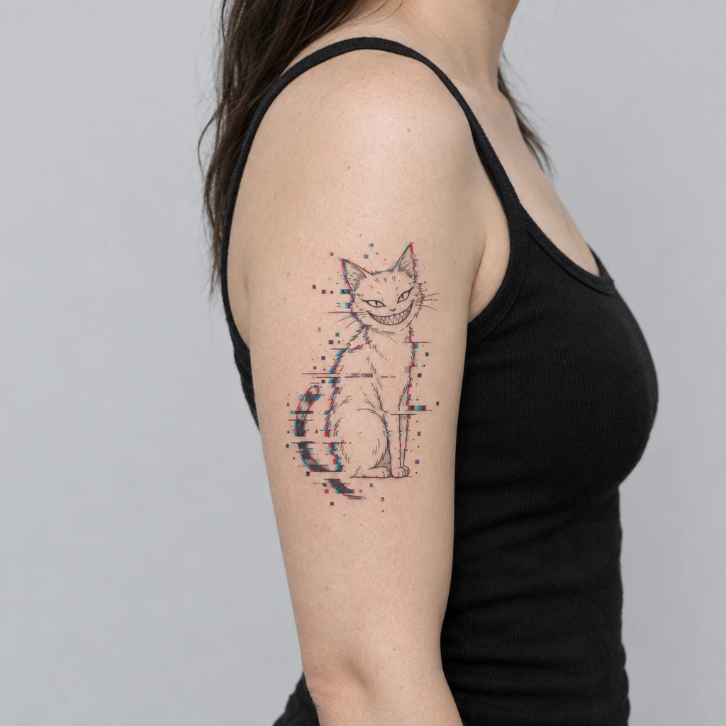 Grinning cat tattoo in Fine Line and Glitch style on an upper arm, generated by AI Tattoos.