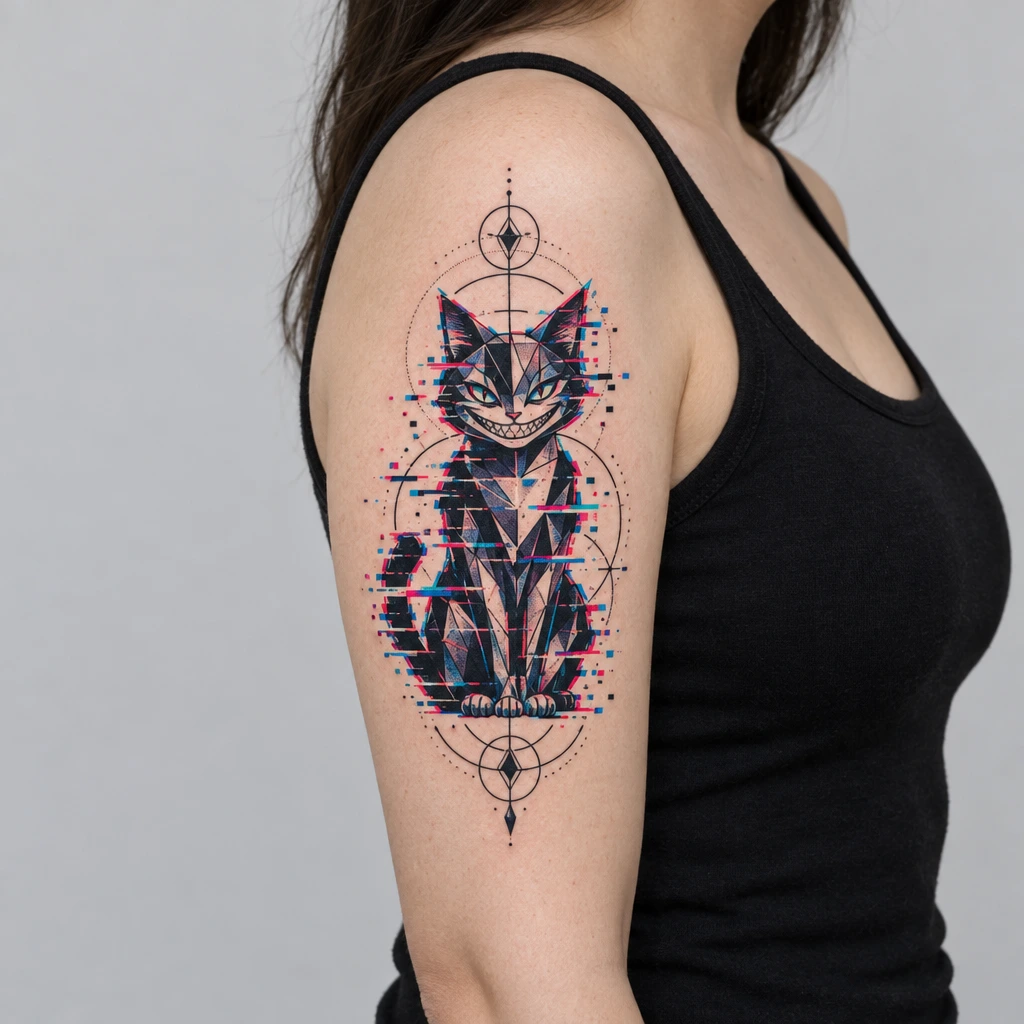 Grinning cat tattoo in Geometric and Glitch style on an upper arm, generated by AI Tattoos.