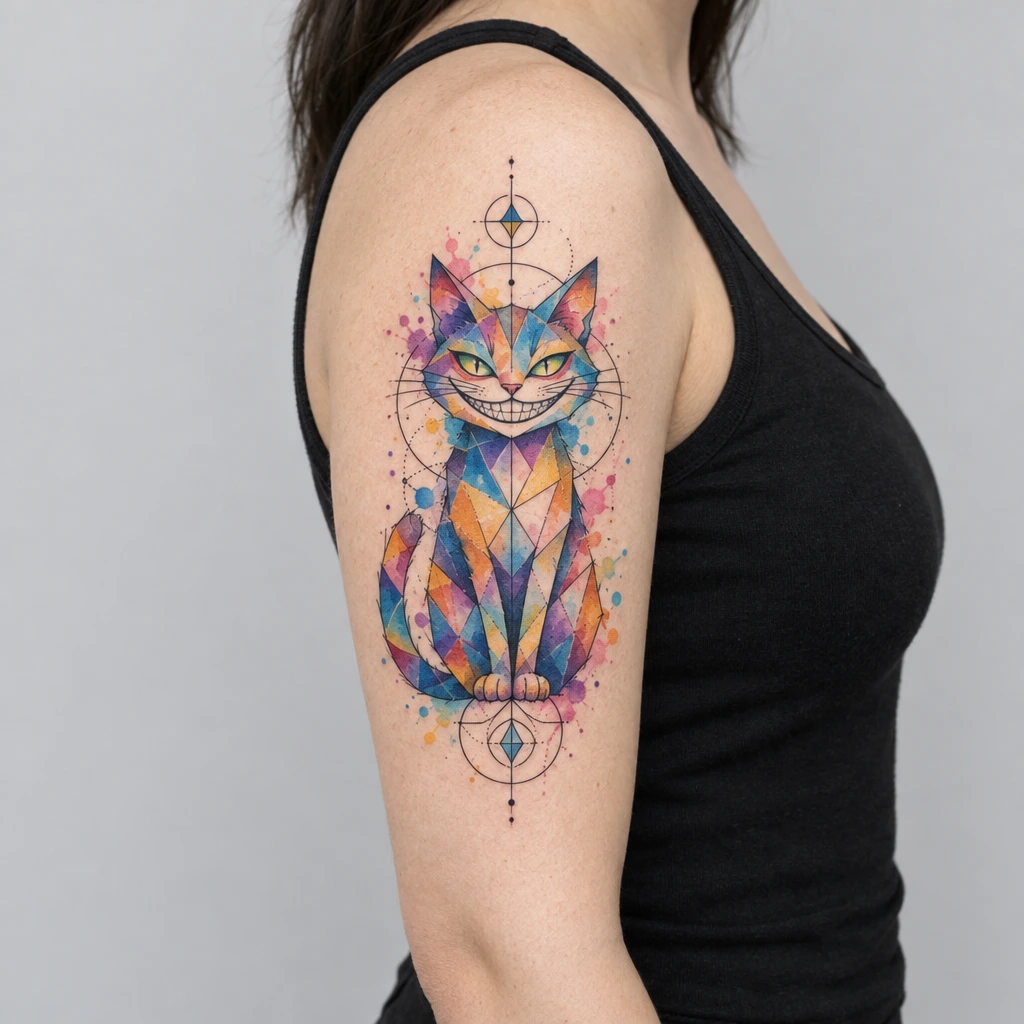 Grinning cat tattoo in Watercolor and Geometric style on an upper arm, generated by AI Tattoos.