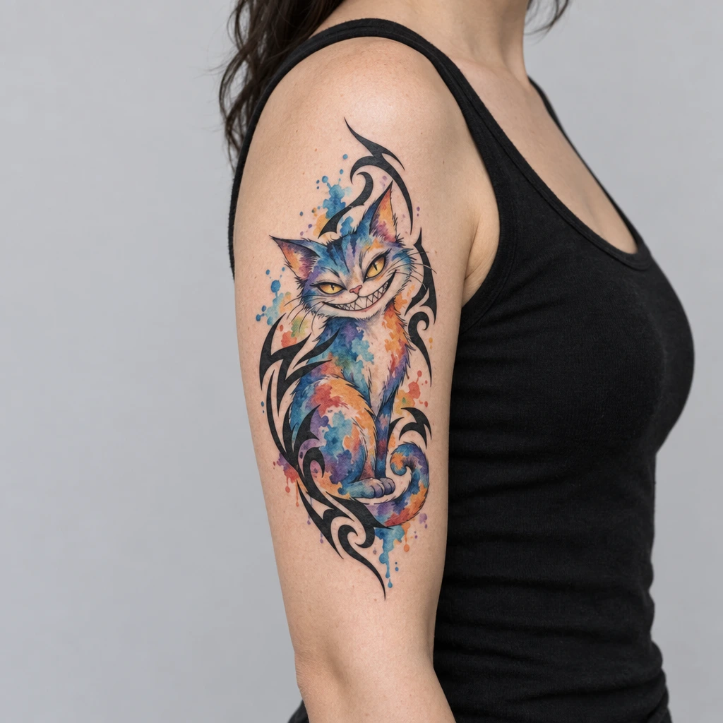 AI tattoo generator result for "cat, sitting, grinning" in Watercolor and Tribal style, inked on an upper arm.