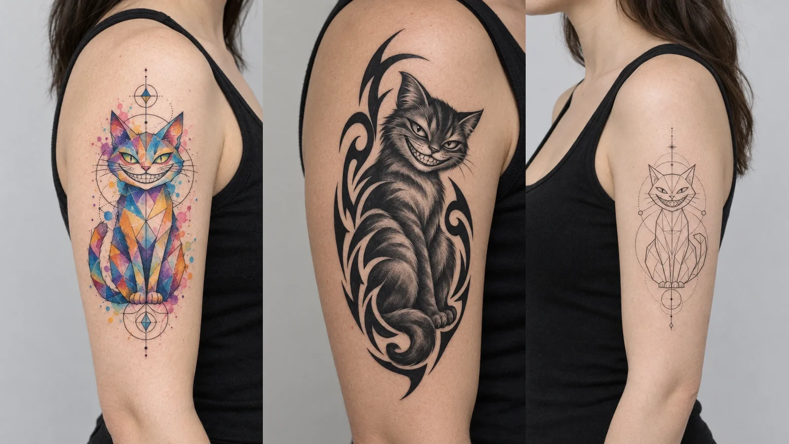 Three AI tattoo generator results for "cat, sitting, grinning" on the same upper arm: watercolor + geometric, black & grey + tribal, geometric + fine line.