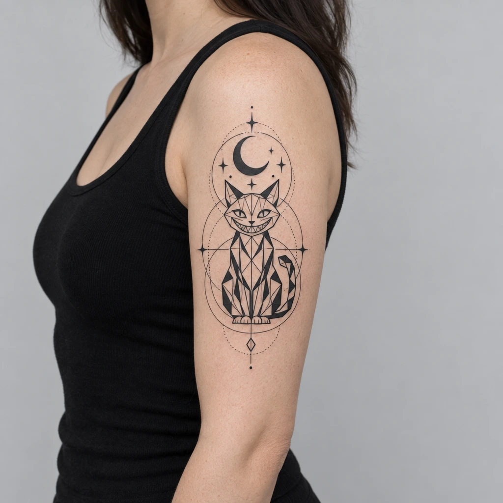 AI tattoo generator result: a grinning cat sitting under a crescent moon in Geometric style, inked on an upper arm.