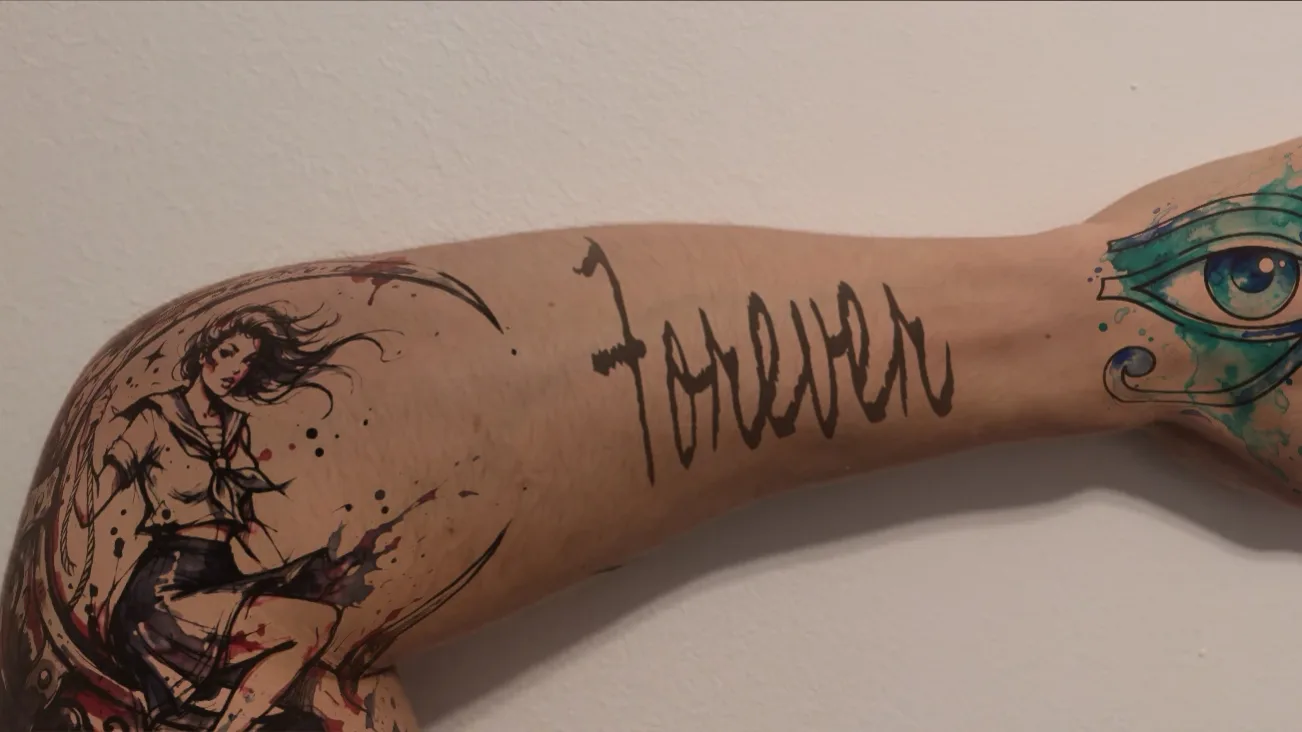 Das Wort "Forever" als Tattoo-Schriftzug auf einem Unterarm, in der Schrift Homemade Apple (Handschrift)