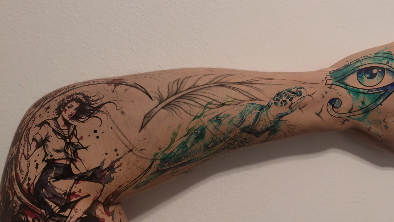 Tattoo try-on result: several tattoo designs placed on a photographed arm, each warped to follow the shape of the muscle.