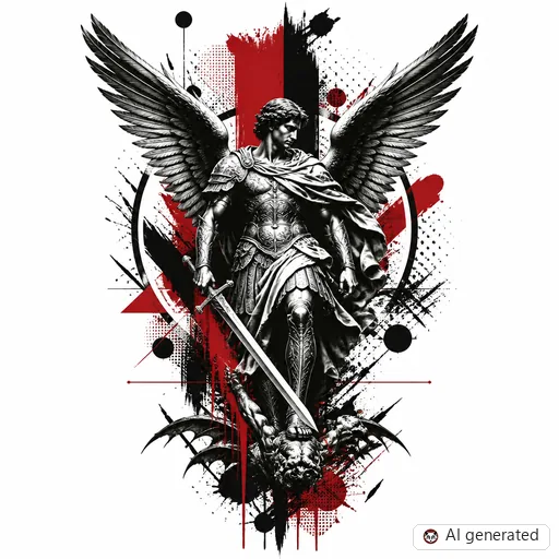 Archangel tattoo design in Trash Polka style