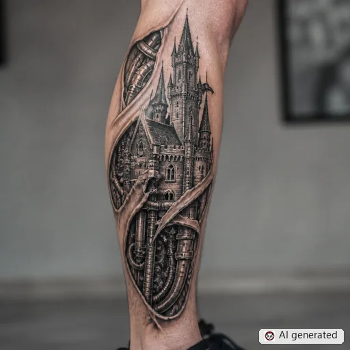 Castle tattoo design in Biomechanical style