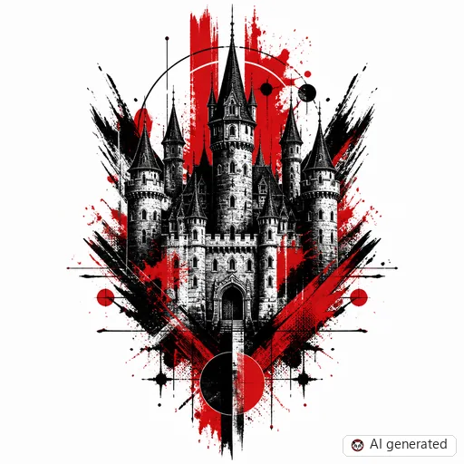 Castle tattoo design in Trash Polka style