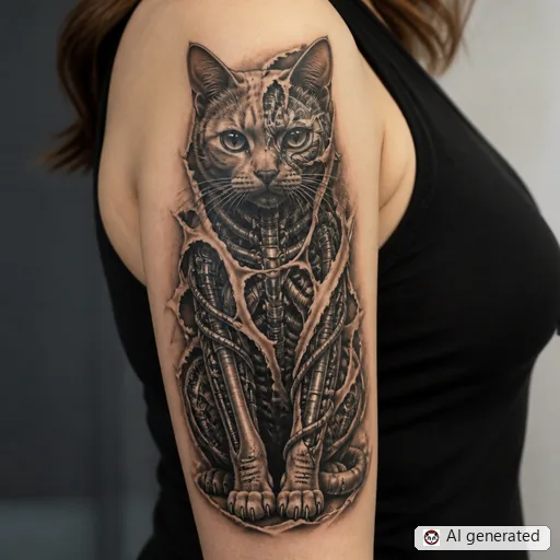 Cat tattoo design in Biomechanical style
