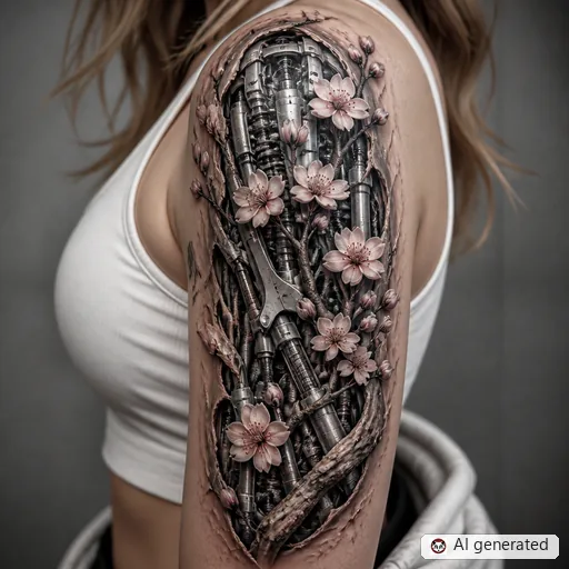 Cherry blossom tattoo design in Biomechanical style