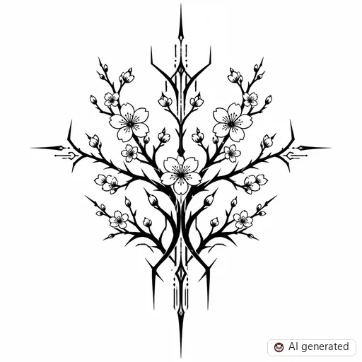 Cherry blossom tattoo design in Cybersigilism style