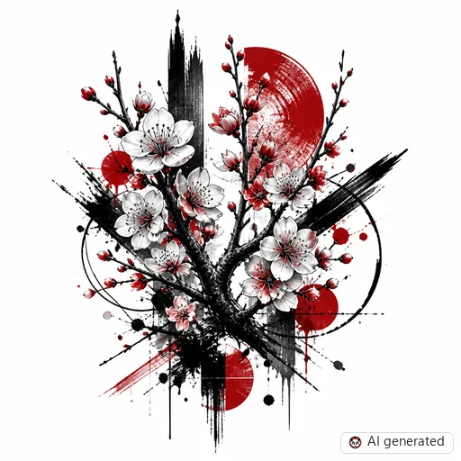 Cherry blossom tattoo design in Trash Polka style