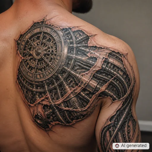 Clock tattoo design in Biomechanical style