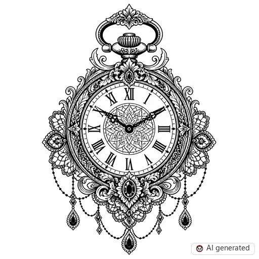 Clock tattoo design in Ornamental style