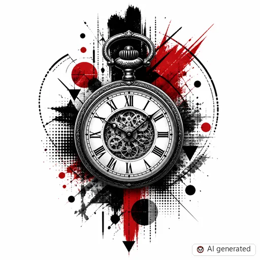 Clock tattoo design in Trash Polka style