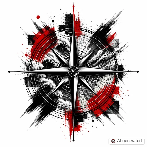 Compass tattoo design in Trash Polka style