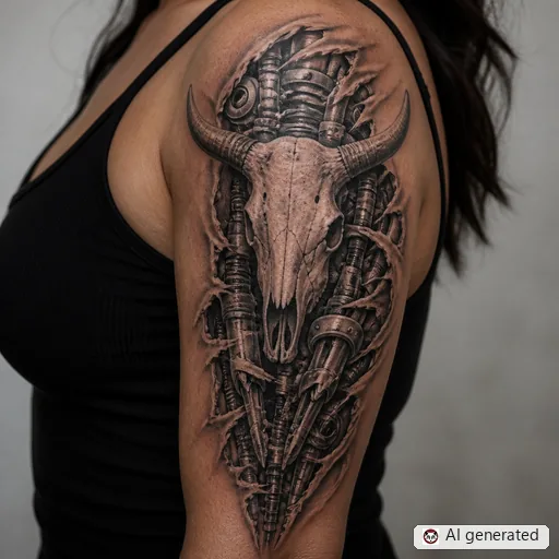 Cow skull tattoo design in Biomechanical style