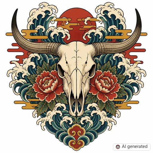 Rinderschädel-Tattoo-Entwurf im Stil Japanisch (Irezumi)