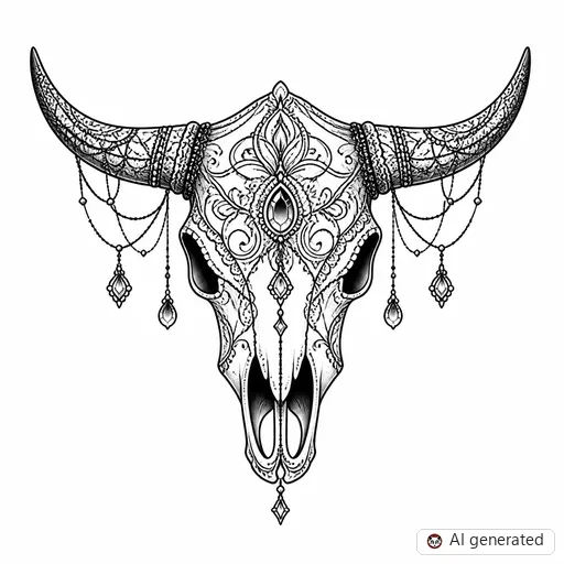 Cow skull tattoo design in Ornamental style