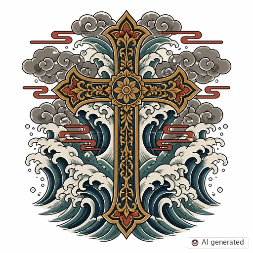 Kreuz-Tattoo-Entwurf im Stil Japanisch (Irezumi)