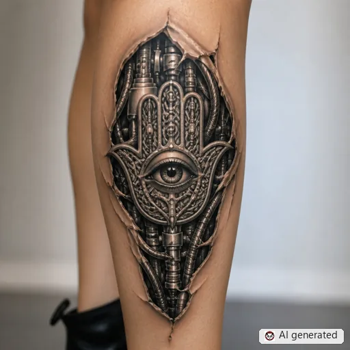 Hamsa tattoo design in Biomechanical style