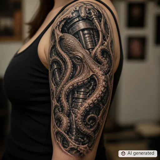 Kraken tattoo design in Biomechanical style