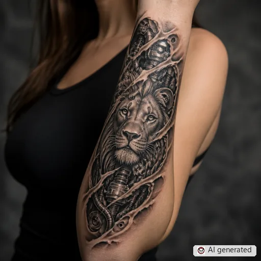 Lion tattoo design in Biomechanical style