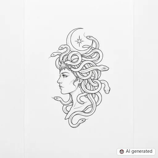Diseño de tatuaje de Medusa en estilo Fine-Line