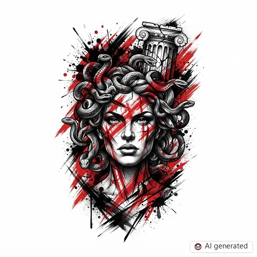 Diseño de tatuaje de Medusa en estilo Trash Polka