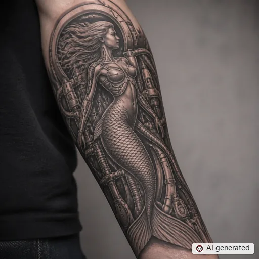 Mermaid tattoo design in Biomechanical style