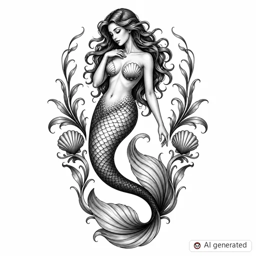 Mermaid tattoo design in Black & Grey style