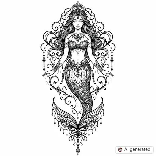 Meerjungfrau-Tattoo-Entwurf im Stil Ornamental