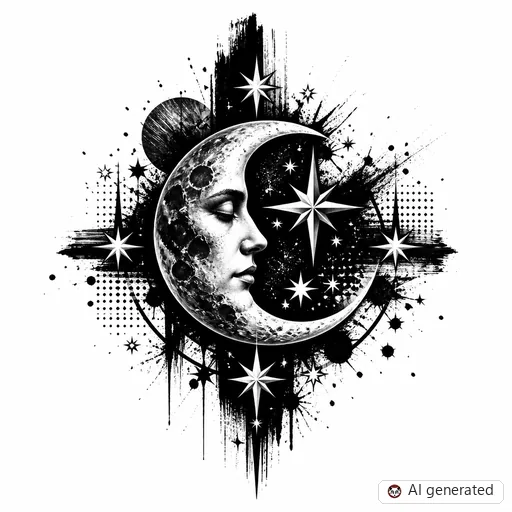 Moon tattoo design in Trash Polka style