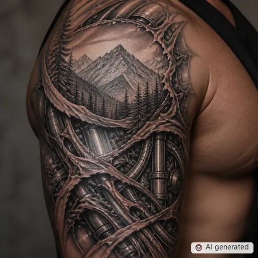 Mountain tattoo design in Biomechanical style