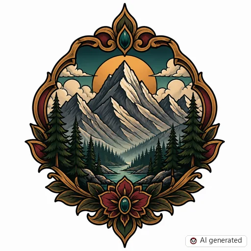 Berge-Tattoo-Entwurf im Stil Neo-Traditional