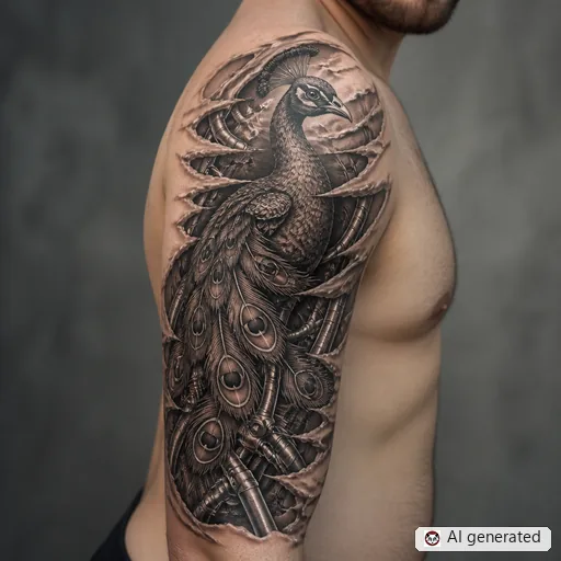 Peacock tattoo design in Biomechanical style