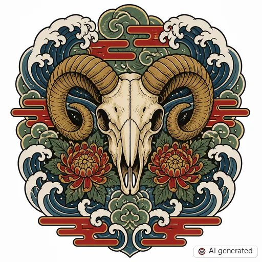 Widder-Tattoo-Entwurf im Stil Japanisch (Irezumi)