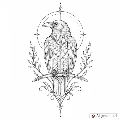 Raven tattoo design in Fine-Line style