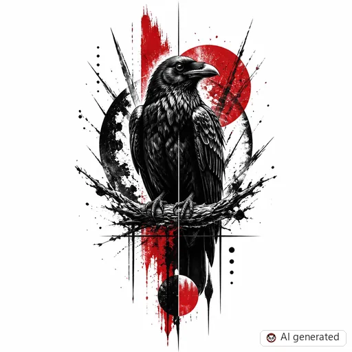 Raven tattoo design in Trash Polka style