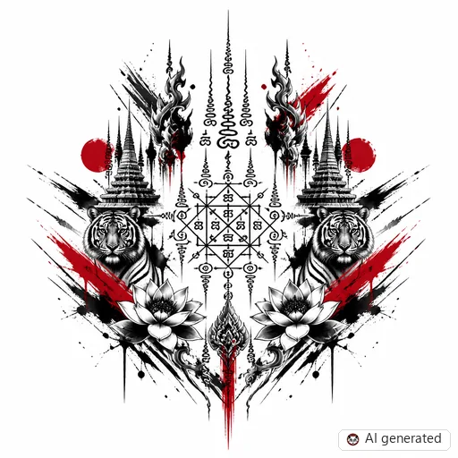 Sak Yant-Tattoo-Entwurf im Stil Trash Polka