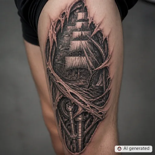 Ship tattoo design in Biomechanical style