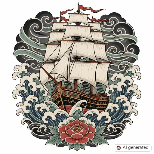 Segelschiff-Tattoo-Entwurf im Stil Japanisch (Irezumi)