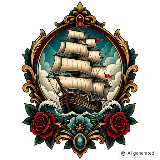 Segelschiff-Tattoo-Entwurf im Stil Neo-Traditional