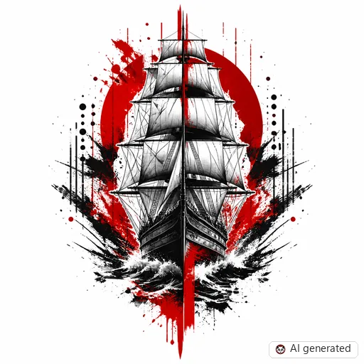 Ship tattoo design in Trash Polka style