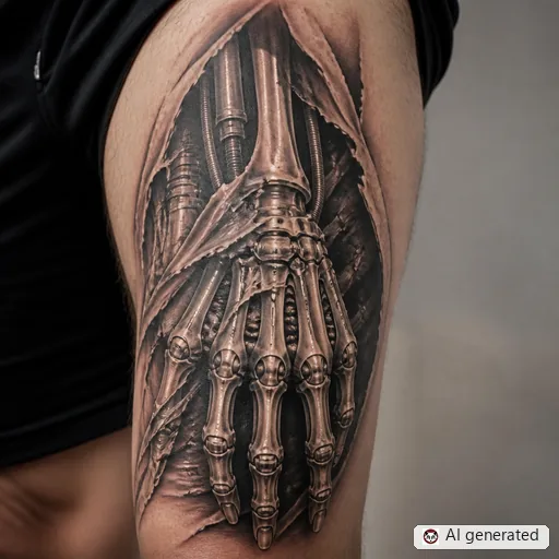 Skeleton hand tattoo design in Biomechanical style