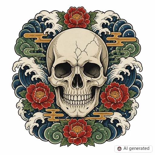 Totenkopf-Tattoo-Entwurf im Stil Japanisch (Irezumi)