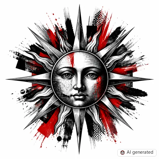 Sun tattoo design in Trash Polka style