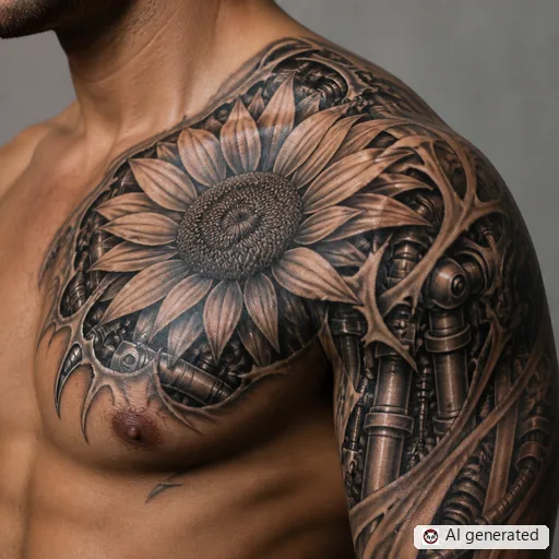 Sunflower tattoo design in Biomechanical style