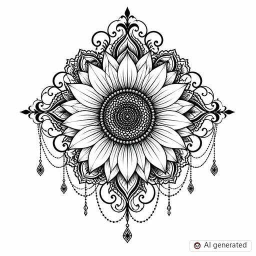 Sunflower tattoo design in Ornamental style
